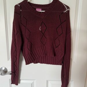 Francesca's Collections Red V-Neck Sweater with Intricate Knit Design